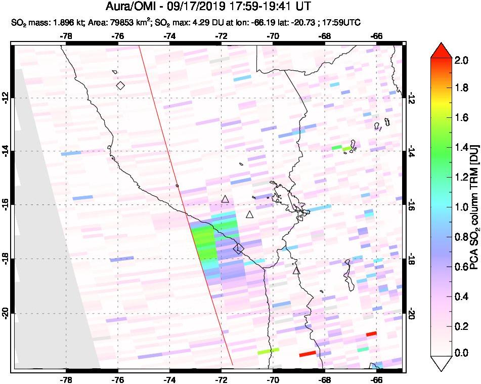 A sulfur dioxide image over Peru on Sep 17, 2019.