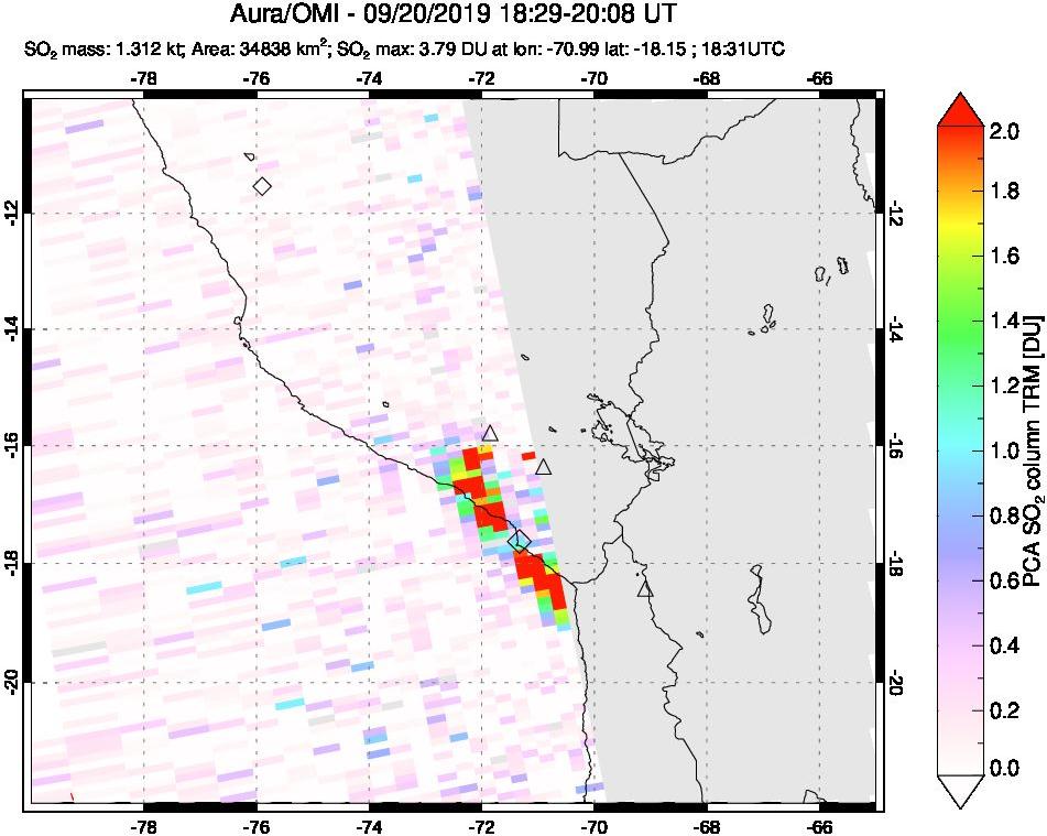 A sulfur dioxide image over Peru on Sep 20, 2019.