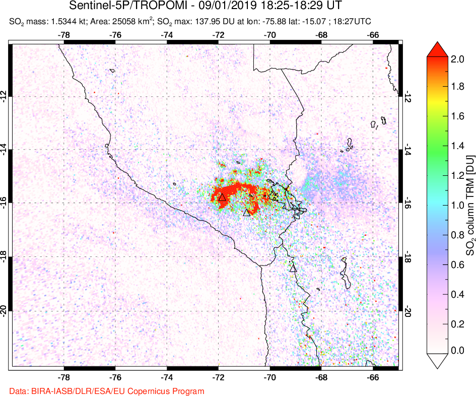A sulfur dioxide image over Peru on Sep 01, 2019.