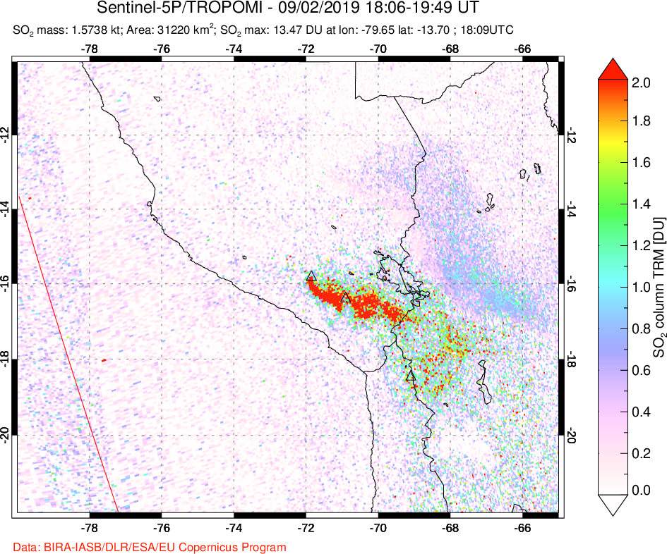 A sulfur dioxide image over Peru on Sep 02, 2019.