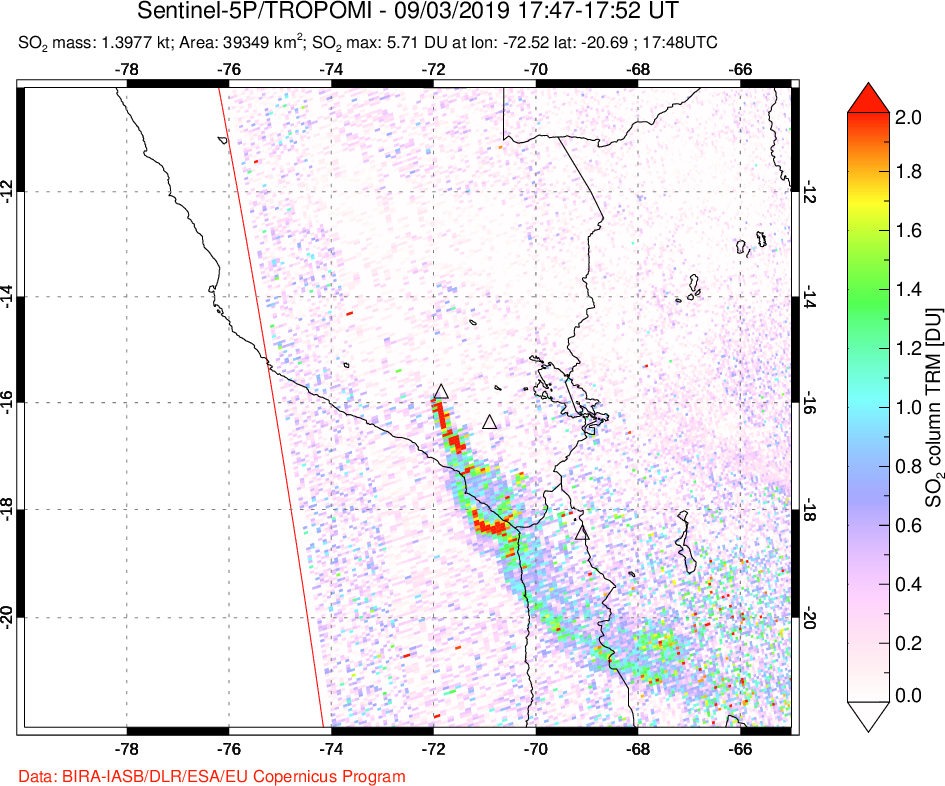 A sulfur dioxide image over Peru on Sep 03, 2019.