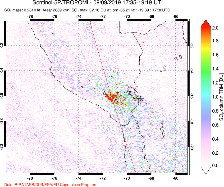 A sulfur dioxide image over Peru on Sep 09, 2019.