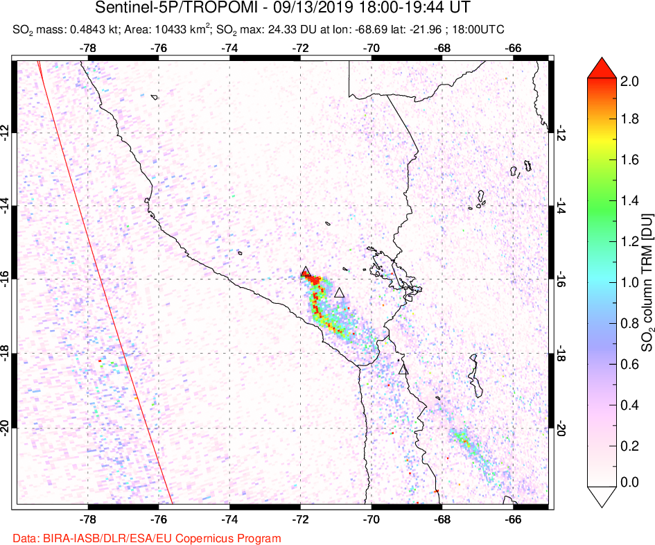 A sulfur dioxide image over Peru on Sep 13, 2019.
