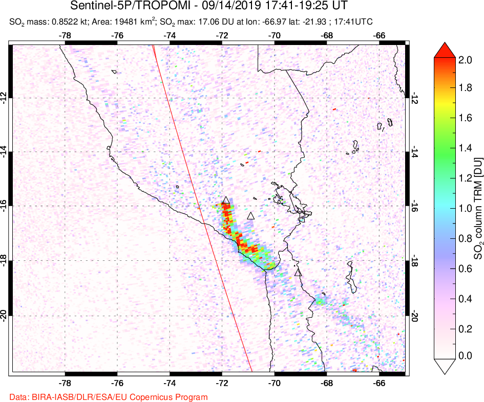 A sulfur dioxide image over Peru on Sep 14, 2019.