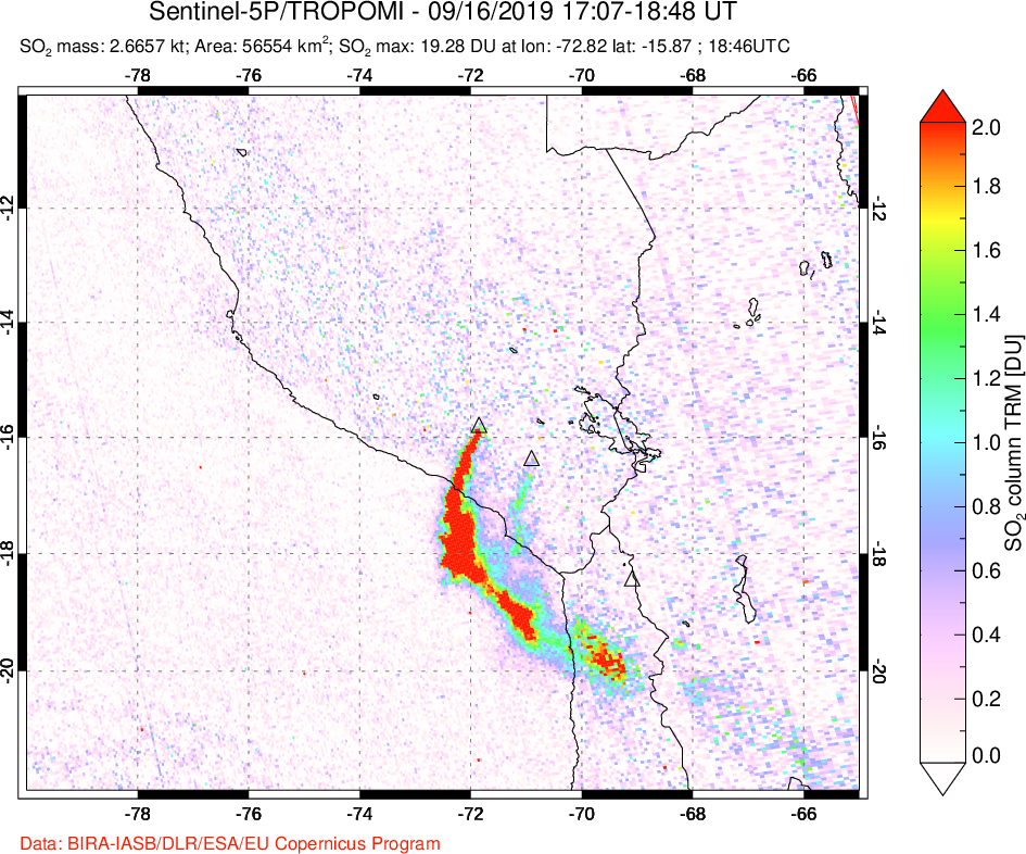 A sulfur dioxide image over Peru on Sep 16, 2019.