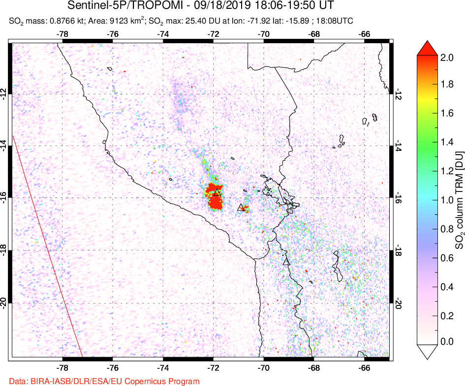 A sulfur dioxide image over Peru on Sep 18, 2019.