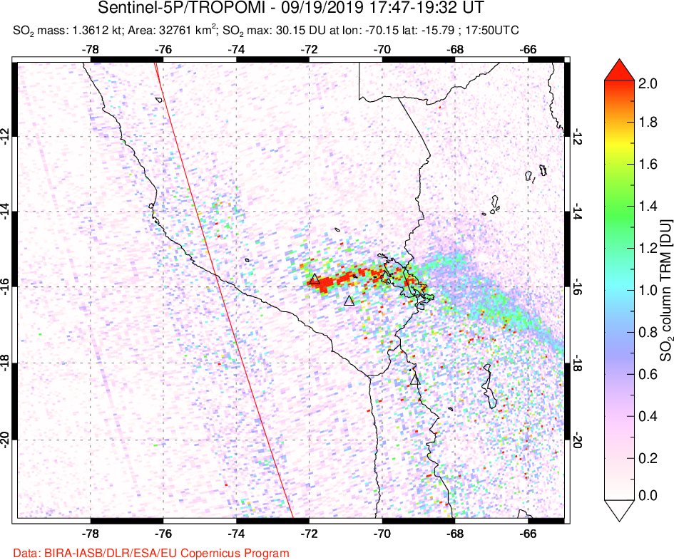 A sulfur dioxide image over Peru on Sep 19, 2019.