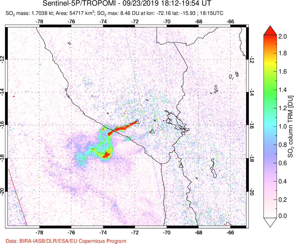 A sulfur dioxide image over Peru on Sep 23, 2019.