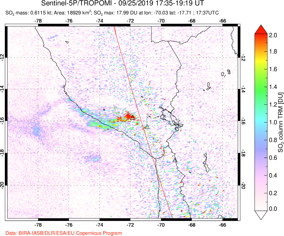A sulfur dioxide image over Peru on Sep 25, 2019.