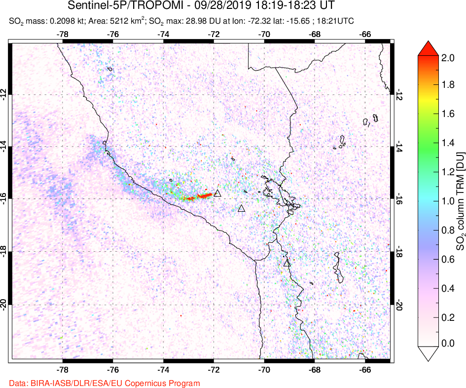 A sulfur dioxide image over Peru on Sep 28, 2019.