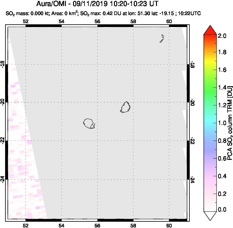 A sulfur dioxide image over Reunion Island, Indian Ocean on Sep 11, 2019.