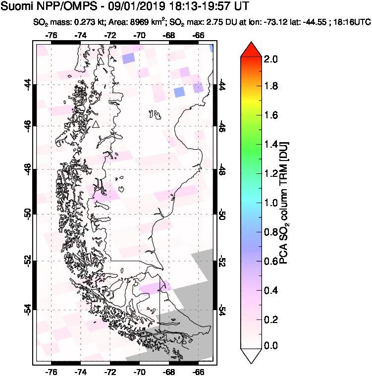 A sulfur dioxide image over Southern Chile on Sep 01, 2019.