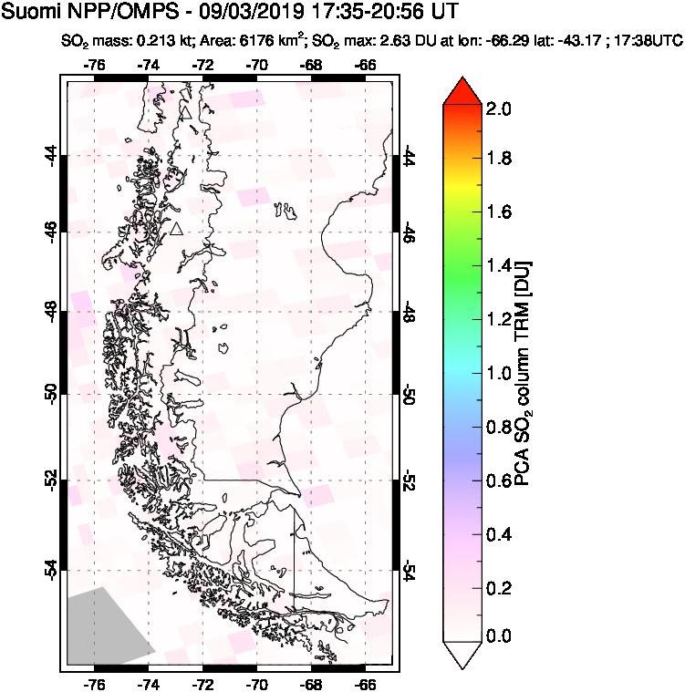 A sulfur dioxide image over Southern Chile on Sep 03, 2019.