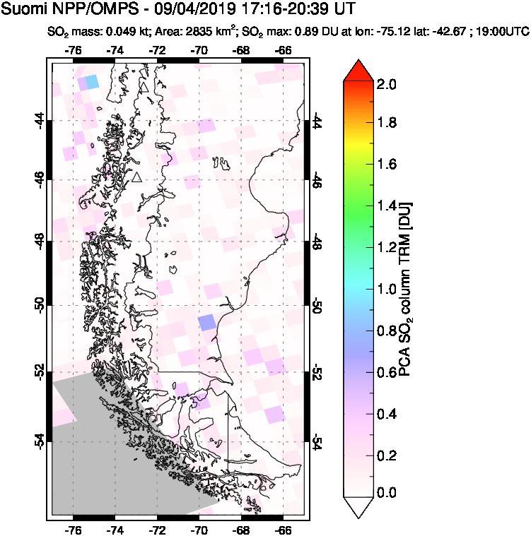 A sulfur dioxide image over Southern Chile on Sep 04, 2019.
