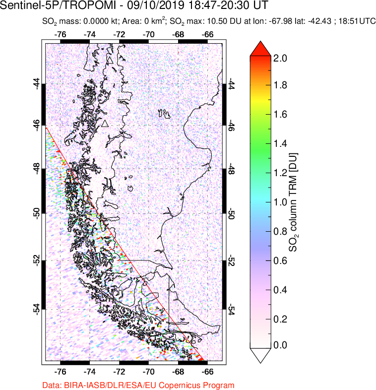 A sulfur dioxide image over Southern Chile on Sep 10, 2019.