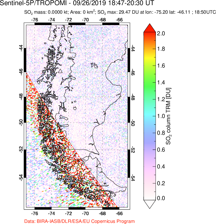 A sulfur dioxide image over Southern Chile on Sep 26, 2019.