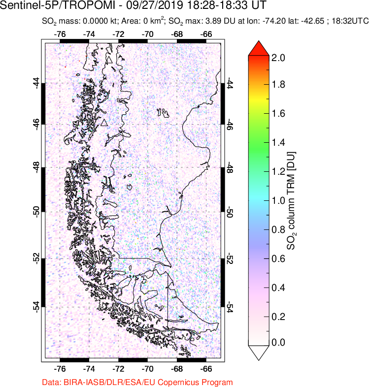 A sulfur dioxide image over Southern Chile on Sep 27, 2019.