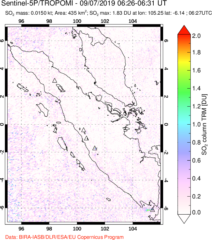 A sulfur dioxide image over Sumatra, Indonesia on Sep 07, 2019.