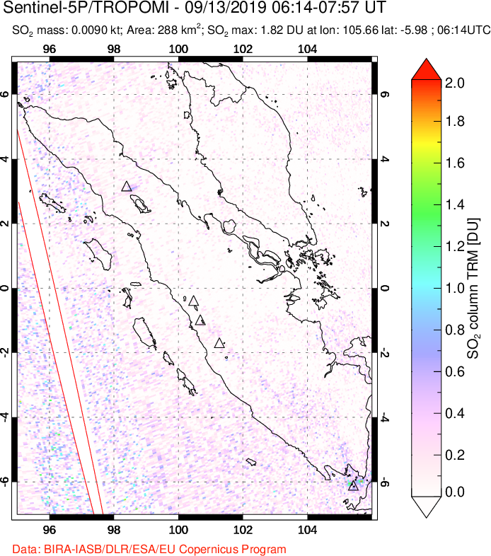 A sulfur dioxide image over Sumatra, Indonesia on Sep 13, 2019.
