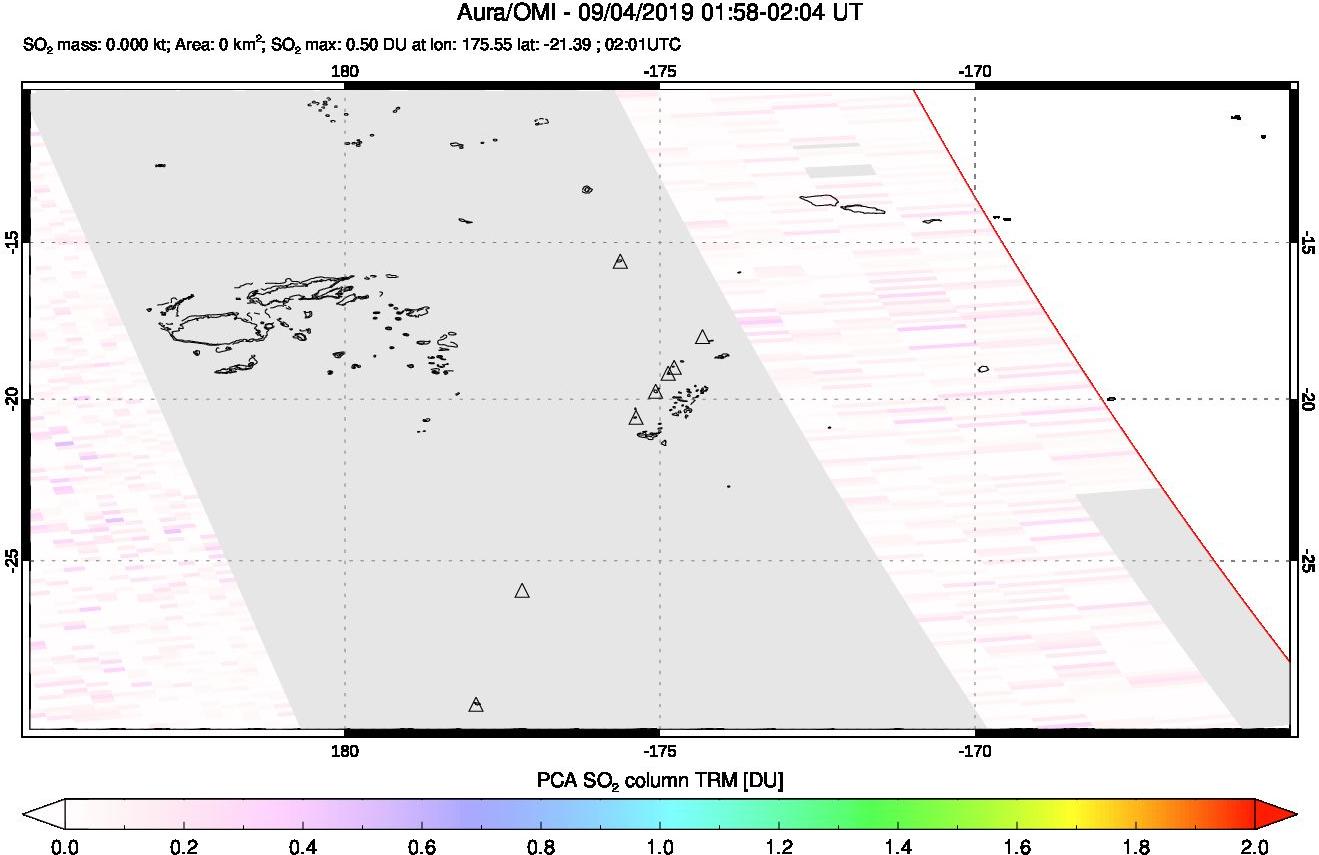 A sulfur dioxide image over Tonga, South Pacific on Sep 04, 2019.