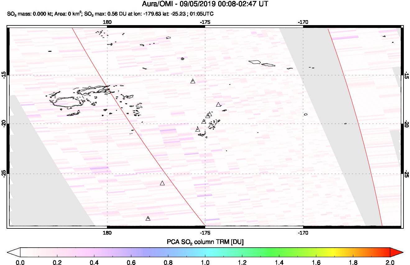 A sulfur dioxide image over Tonga, South Pacific on Sep 05, 2019.