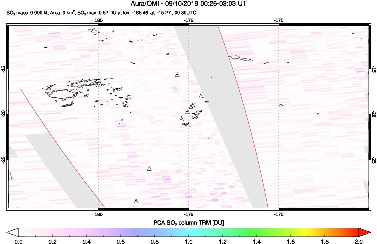 A sulfur dioxide image over Tonga, South Pacific on Sep 10, 2019.