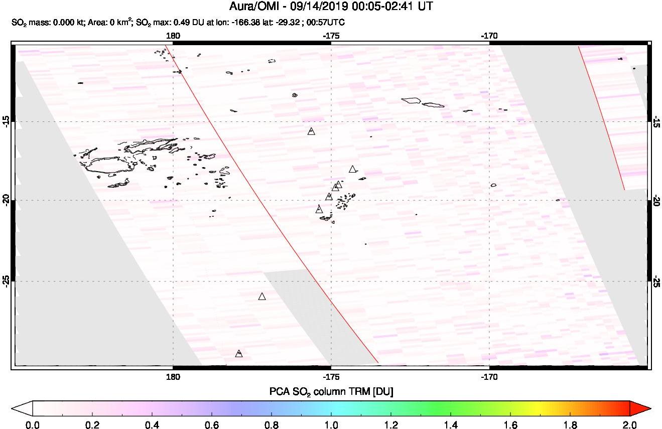 A sulfur dioxide image over Tonga, South Pacific on Sep 14, 2019.