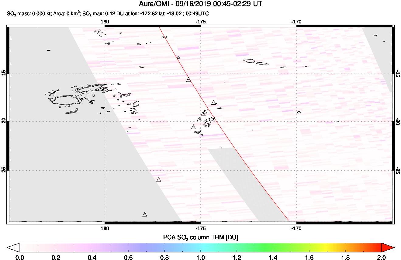 A sulfur dioxide image over Tonga, South Pacific on Sep 16, 2019.
