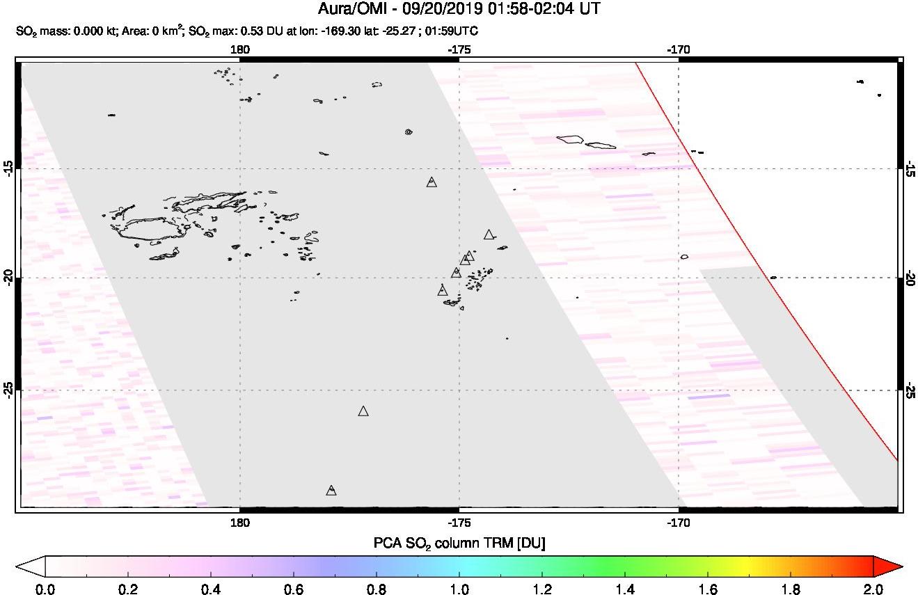 A sulfur dioxide image over Tonga, South Pacific on Sep 20, 2019.