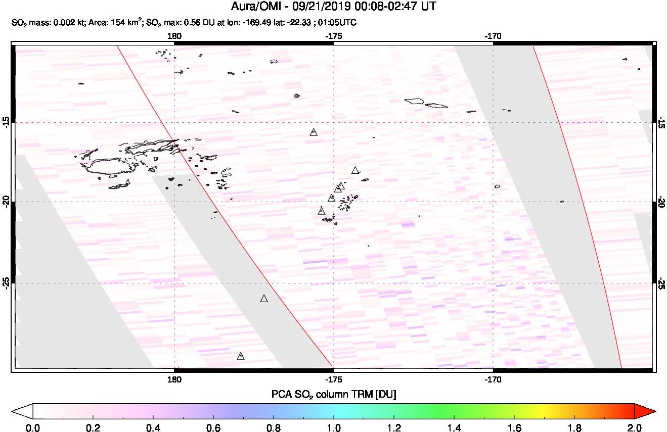 A sulfur dioxide image over Tonga, South Pacific on Sep 21, 2019.
