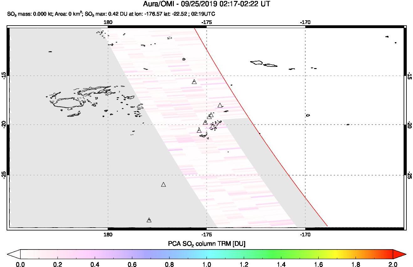 A sulfur dioxide image over Tonga, South Pacific on Sep 25, 2019.