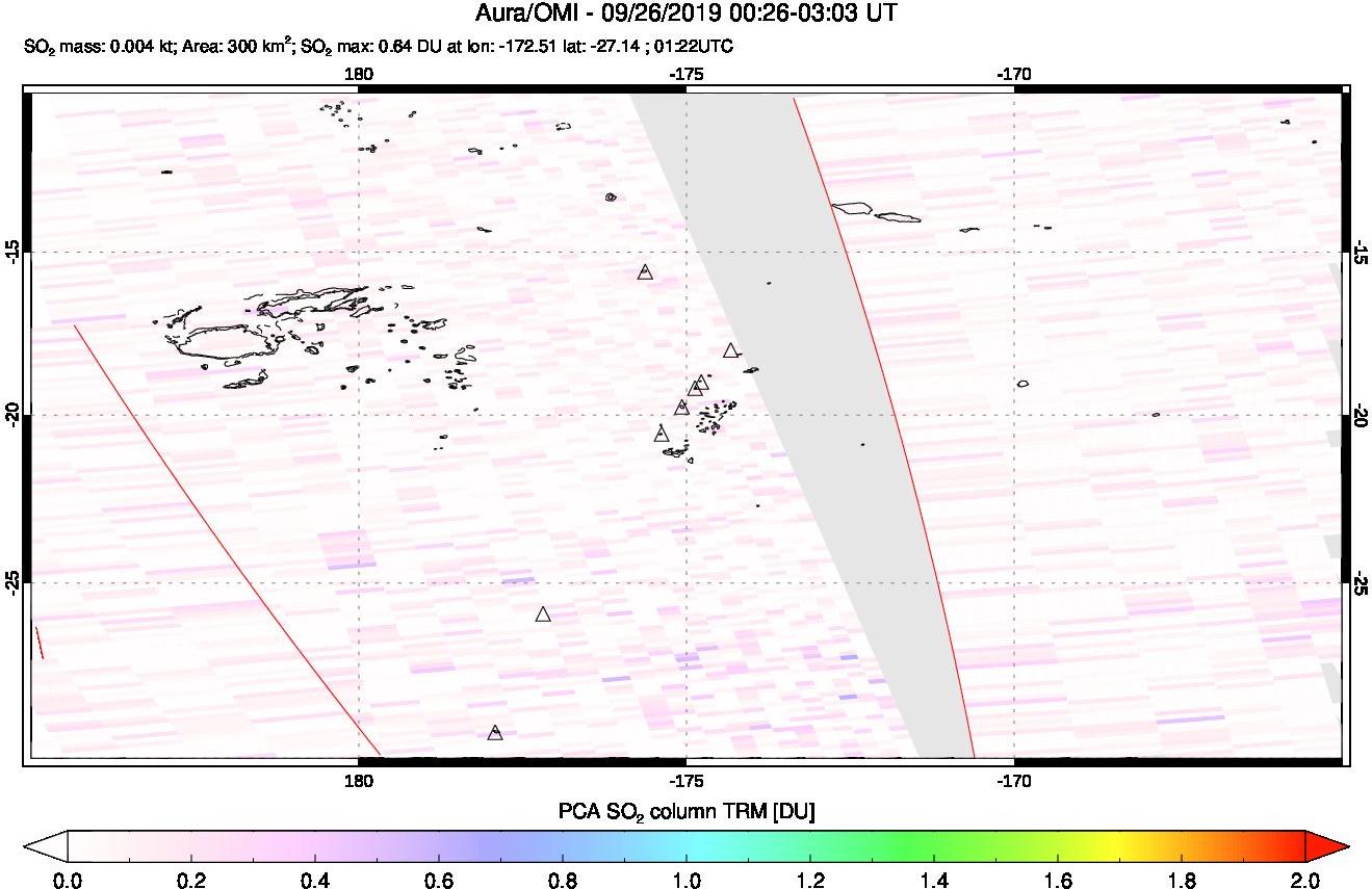 A sulfur dioxide image over Tonga, South Pacific on Sep 26, 2019.