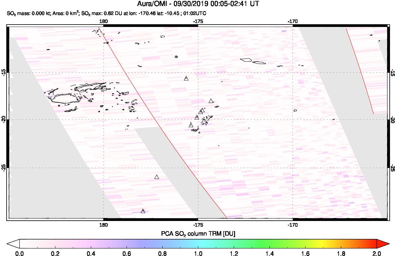 A sulfur dioxide image over Tonga, South Pacific on Sep 30, 2019.