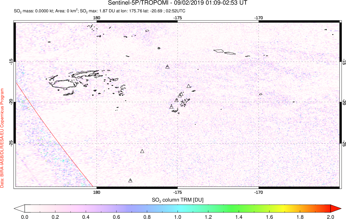 A sulfur dioxide image over Tonga, South Pacific on Sep 02, 2019.