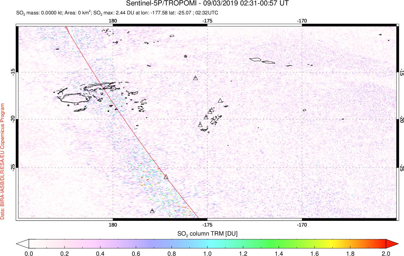 A sulfur dioxide image over Tonga, South Pacific on Sep 03, 2019.
