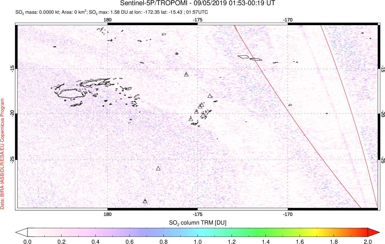 A sulfur dioxide image over Tonga, South Pacific on Sep 05, 2019.