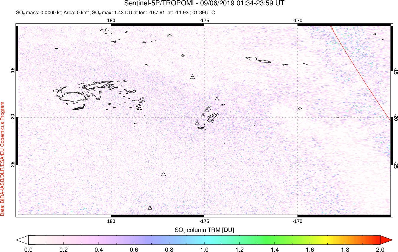 A sulfur dioxide image over Tonga, South Pacific on Sep 06, 2019.
