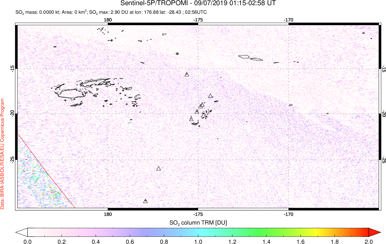 A sulfur dioxide image over Tonga, South Pacific on Sep 07, 2019.