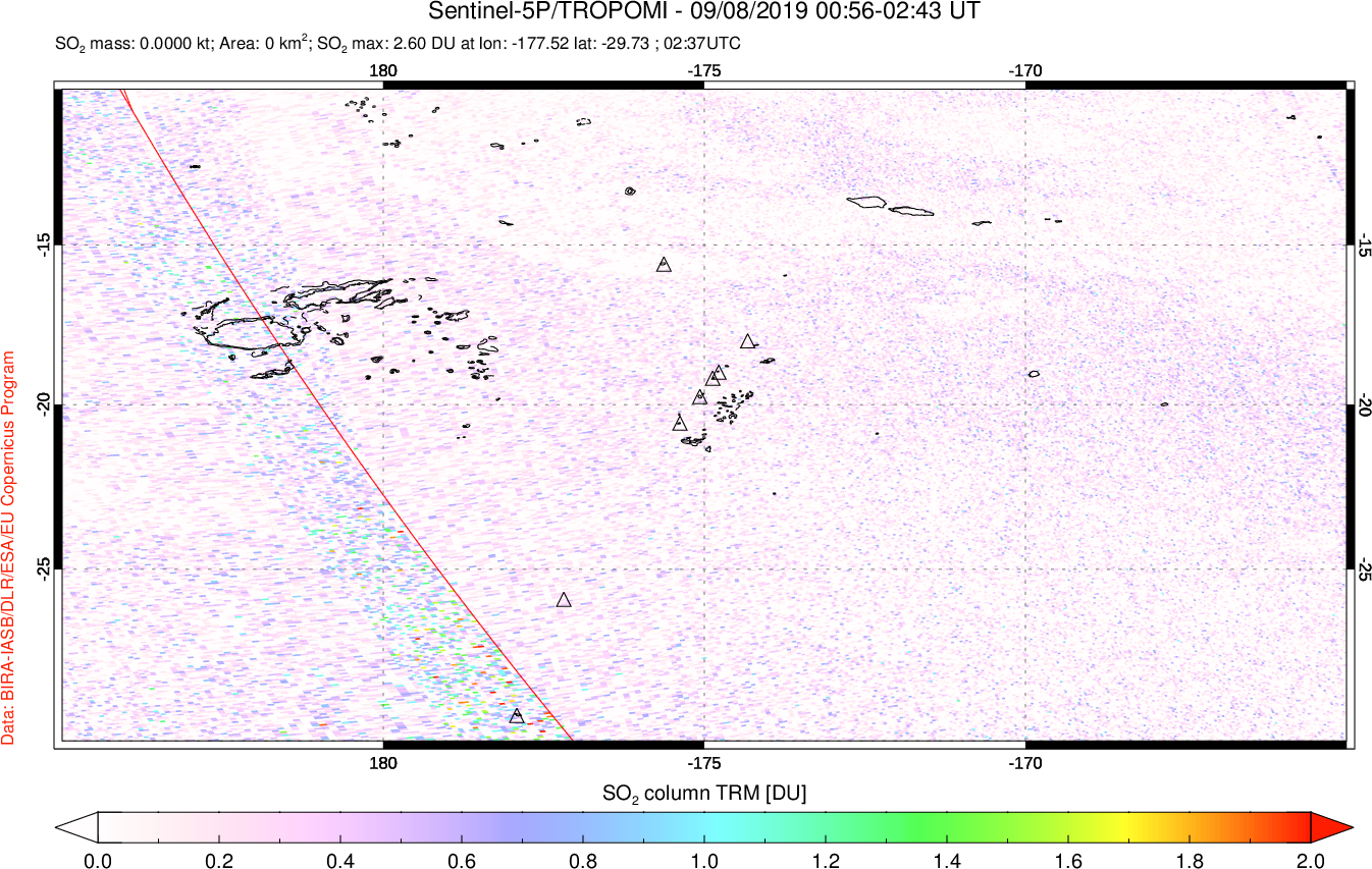 A sulfur dioxide image over Tonga, South Pacific on Sep 08, 2019.