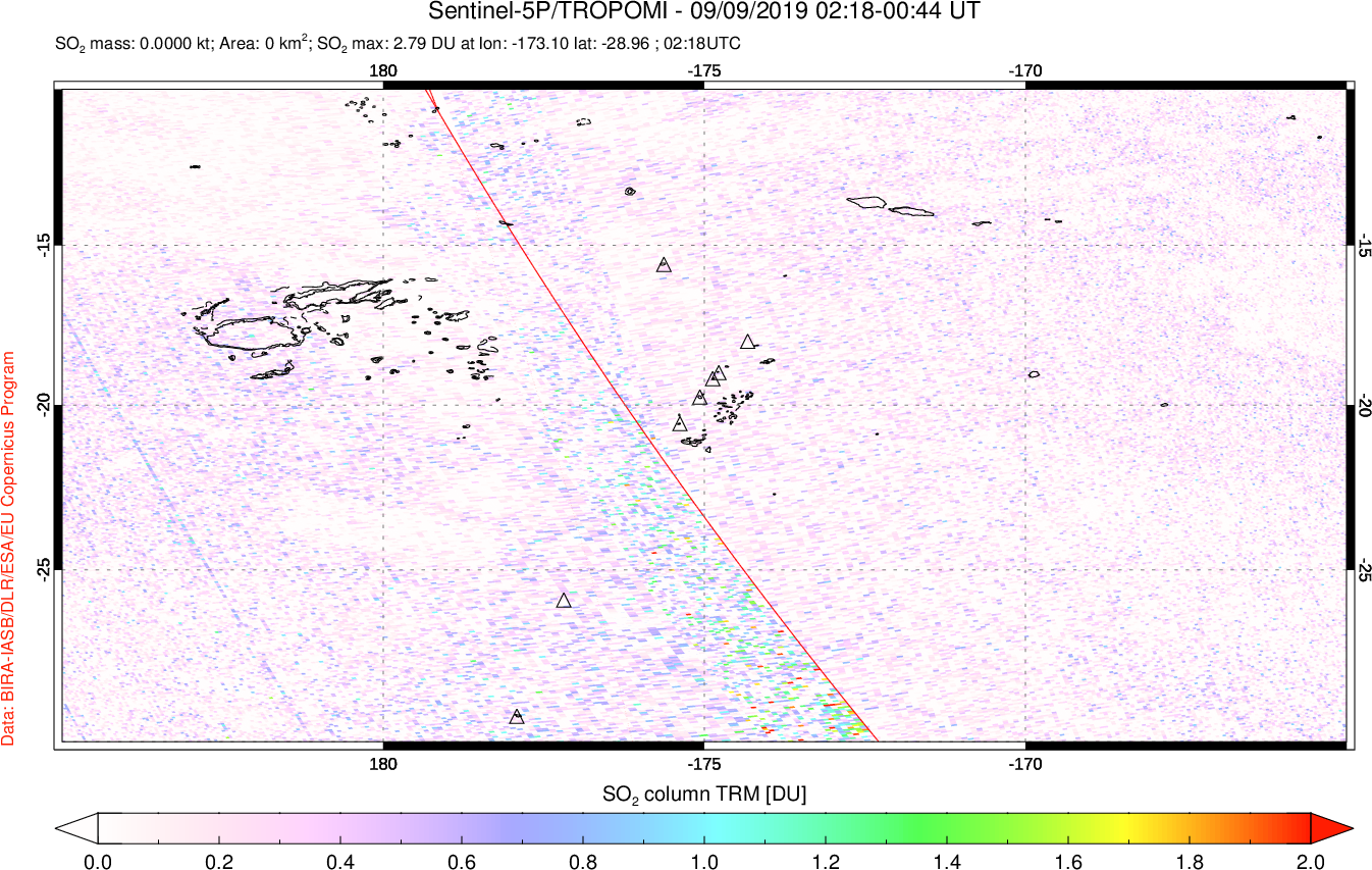A sulfur dioxide image over Tonga, South Pacific on Sep 09, 2019.