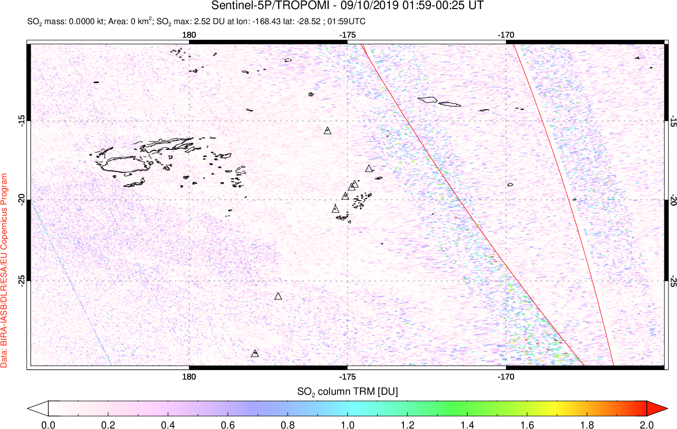 A sulfur dioxide image over Tonga, South Pacific on Sep 10, 2019.