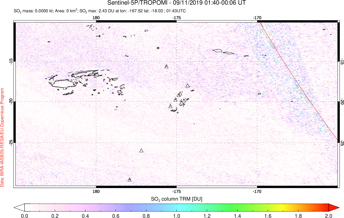 A sulfur dioxide image over Tonga, South Pacific on Sep 11, 2019.