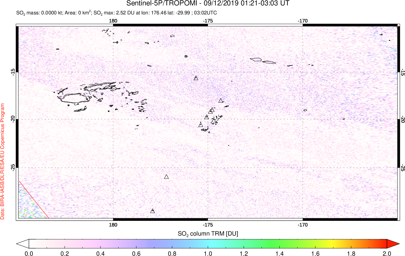 A sulfur dioxide image over Tonga, South Pacific on Sep 12, 2019.