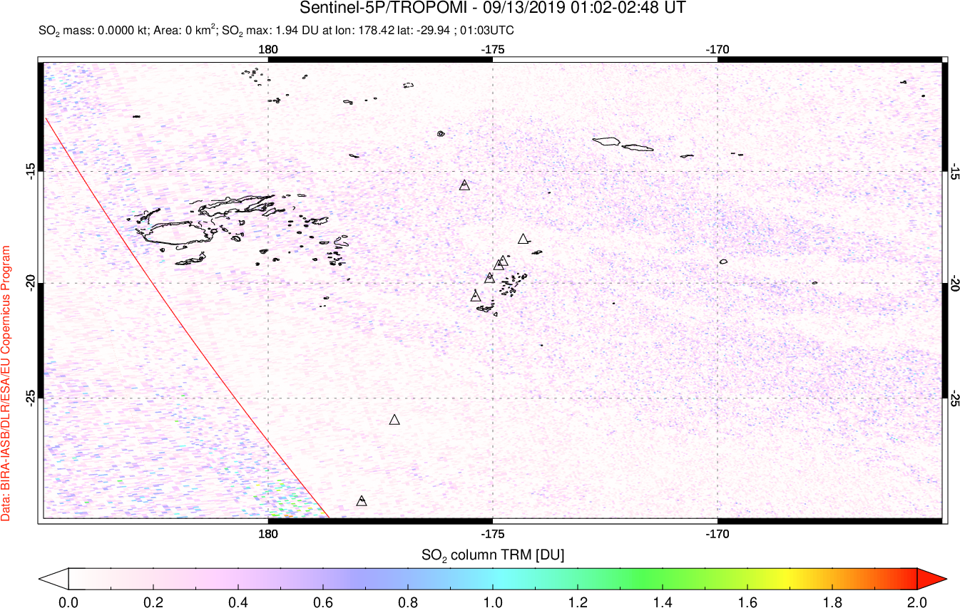 A sulfur dioxide image over Tonga, South Pacific on Sep 13, 2019.