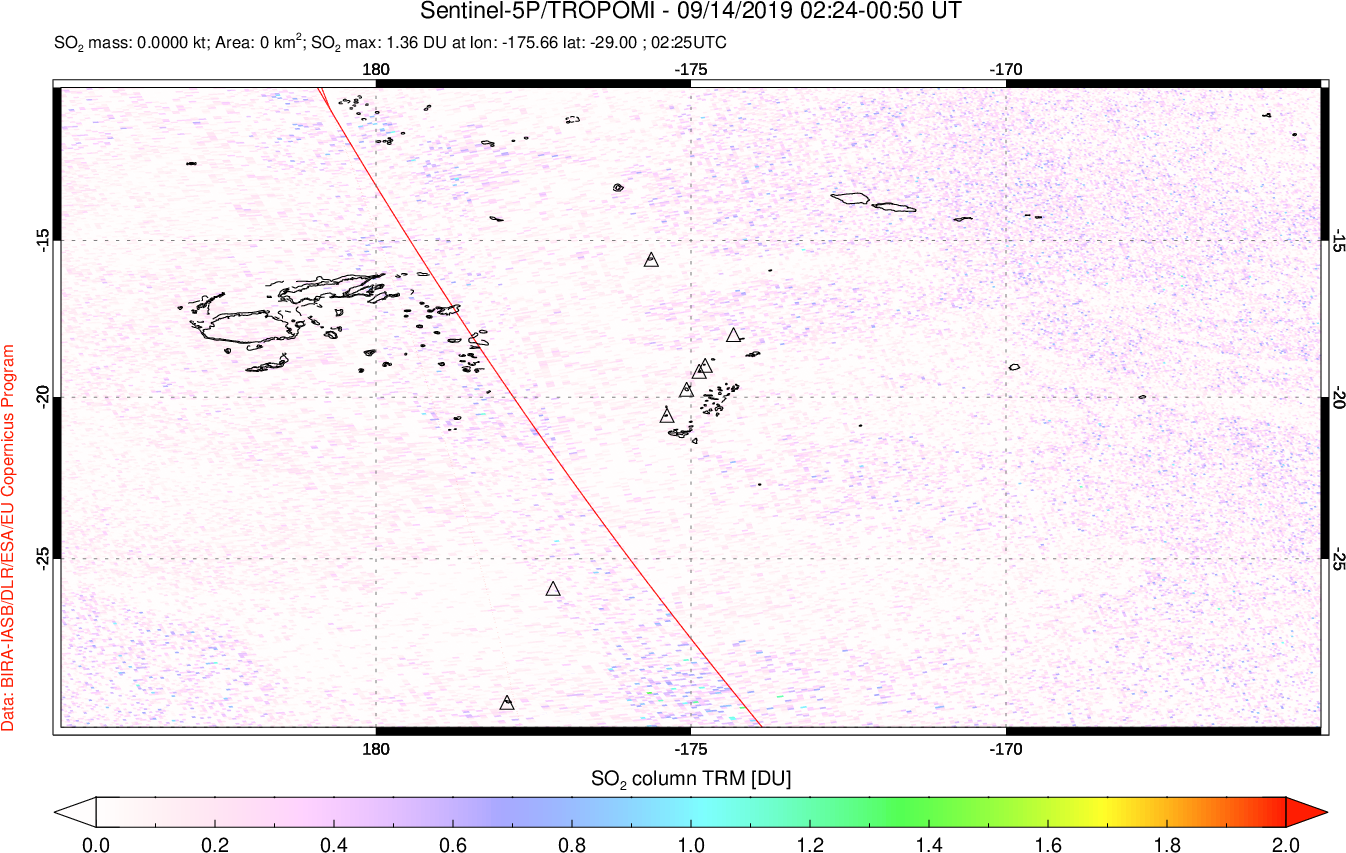 A sulfur dioxide image over Tonga, South Pacific on Sep 14, 2019.