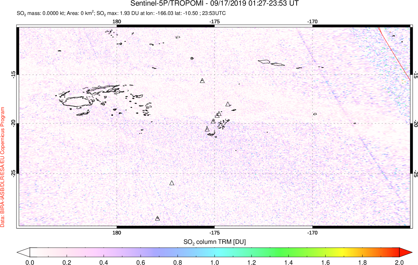 A sulfur dioxide image over Tonga, South Pacific on Sep 17, 2019.