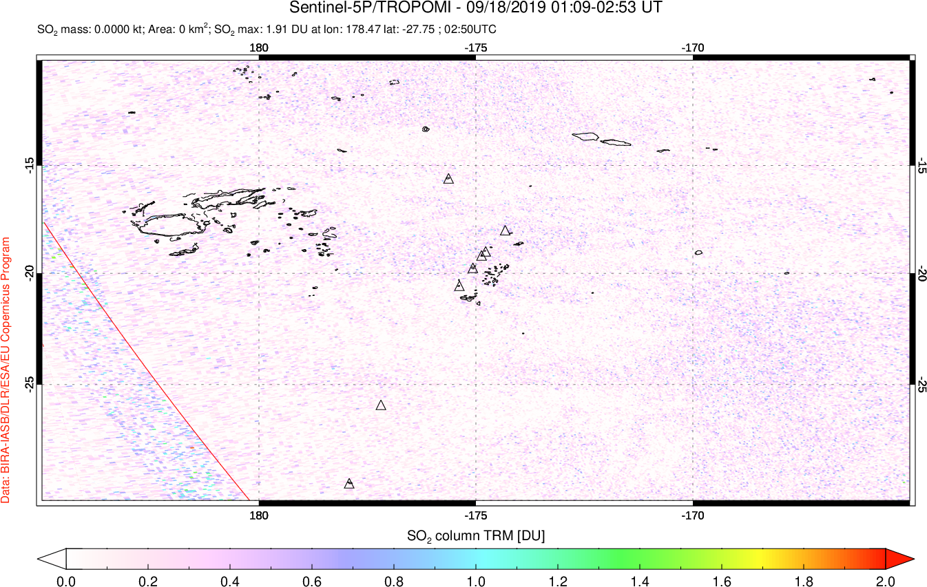 A sulfur dioxide image over Tonga, South Pacific on Sep 18, 2019.