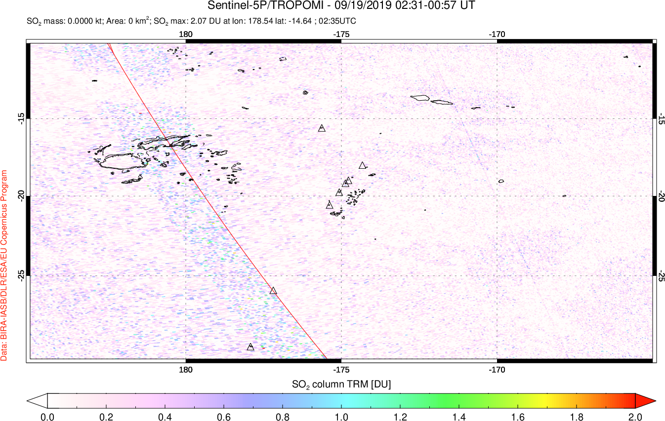 A sulfur dioxide image over Tonga, South Pacific on Sep 19, 2019.