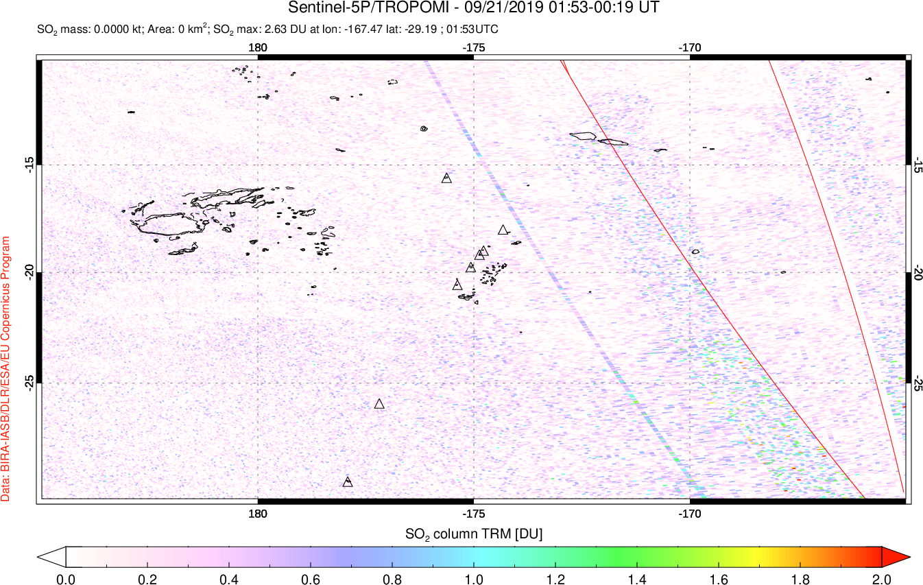 A sulfur dioxide image over Tonga, South Pacific on Sep 21, 2019.