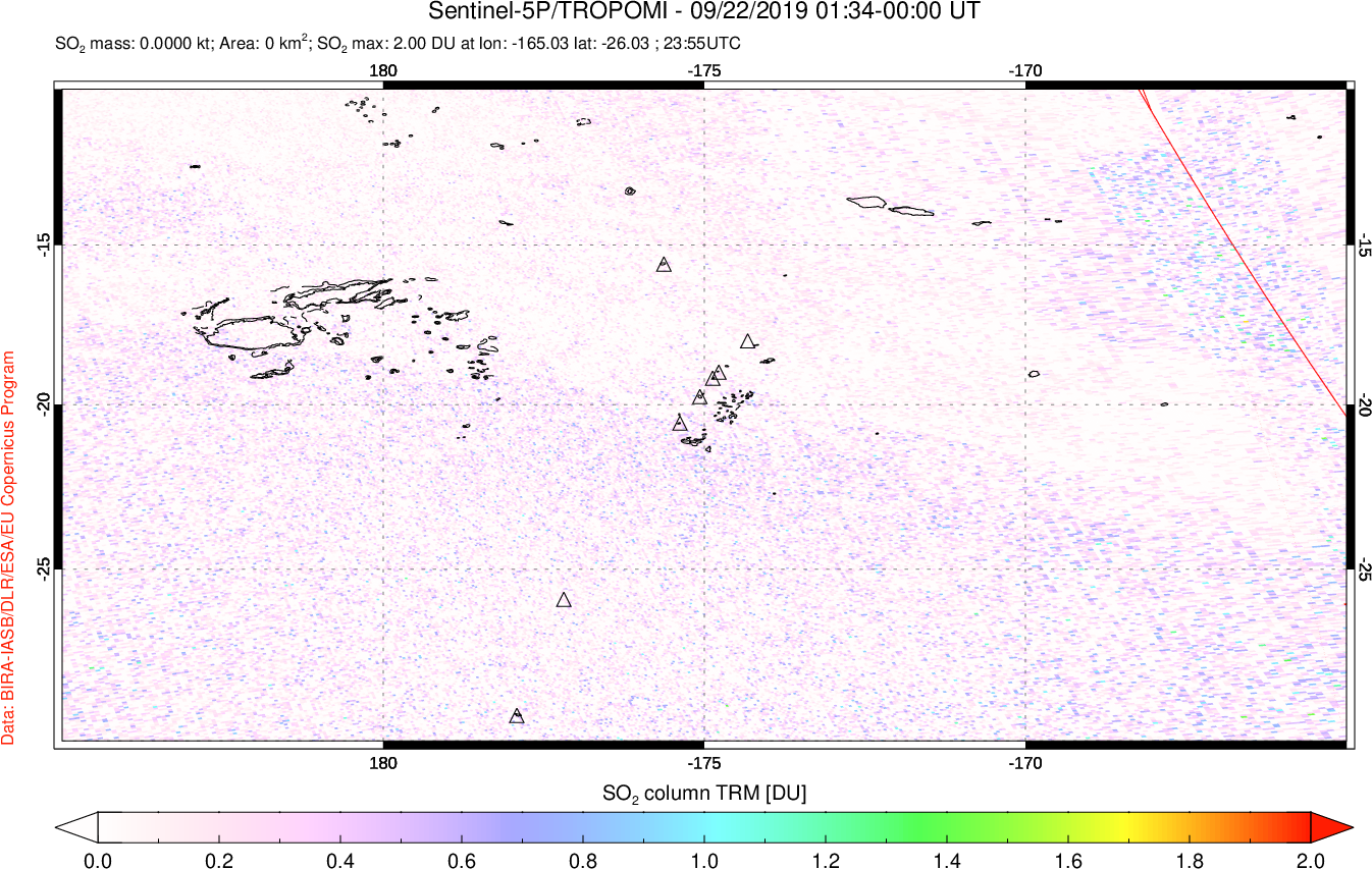A sulfur dioxide image over Tonga, South Pacific on Sep 22, 2019.